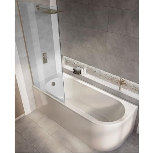 Image of Milano Overton White 1700mm x 725mm Left Hand J Shaped Corner Shower Bath Copper Screen