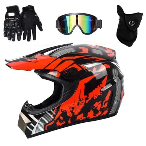 Image of Kids Motorbike Motocross Helmet,Full Face MTB Helmet With Goggles Mask Gloves,Quad Bike Youth Kid Full-Face Off Road Motorcycle Crash Helmet(Red,L(56~57cm))