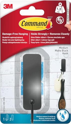 Image of Command Bath Medium Hook, Matte Black - 1 Hook and 2 Water-Resistant Strips - Adhesive Strips for Damage Free Hanging
