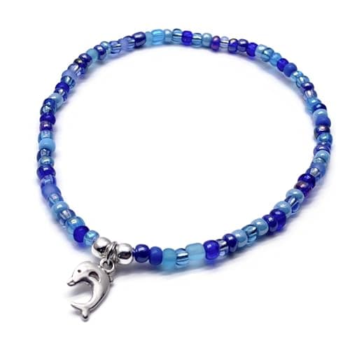Image of Dolphin Charm Beaded Anklet, Blue Glass Seed Bead Mix with Silver Tone Charm : Size M/L 10 inches, Beach Boho Ocean Lover Jewellery for Women