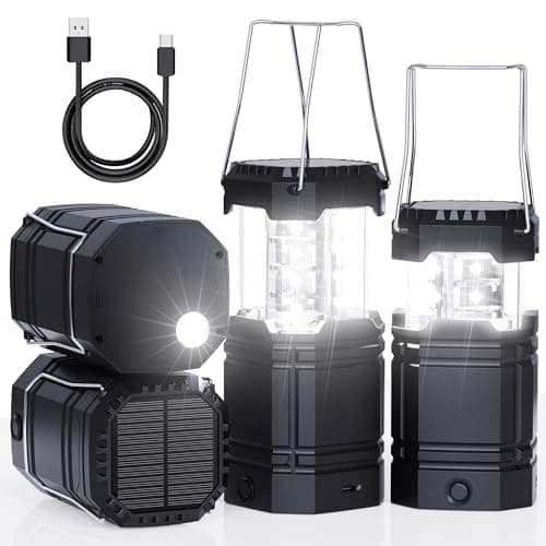 Image of 4 Pack Solar Camping Lantern with 1600mAh Rechargeable Battery, 30-Hour Runtime, 360° LED Tent Light & Super Bright Flashlight, Compact & Portable for Hiking, Emergency, Outdoor