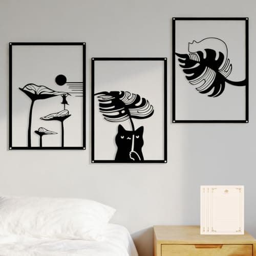 Image of 3Pcs Metal Wall Art, Black Wall Art Set Letter Paper And Residue-Free Adhesive Dots, Abstract Wall Art For Living Room Bathroom Bedroom Patio Balcony, Can Be Given As Gifts To Relatives And Friends