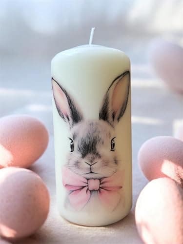 Image of Easter Bunny Rabbit Pillar Candle with Pink Bow, Decorative Home Decor, Festive Gift 14 cm x 6.5 cm