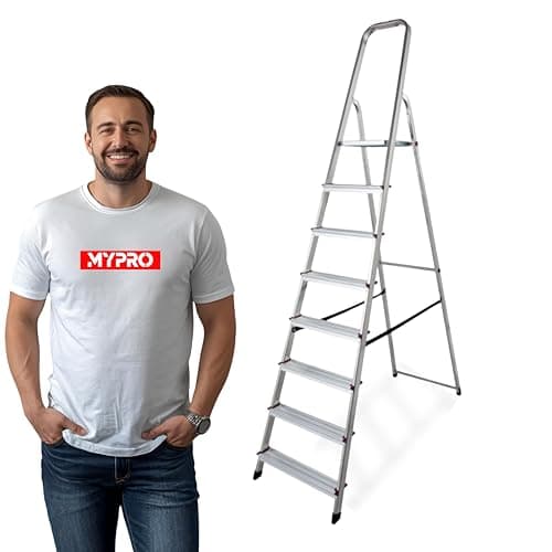 Image of MYPRO Aluminium Step Ladder - 8 Step Folding Ladder - Non-Slip Surface Hand Rails - Heavy Duty - Anti-slip steps -Strong - Lightweight -Portable - Closed Height 2400 mm Platform Height 1620 mm
