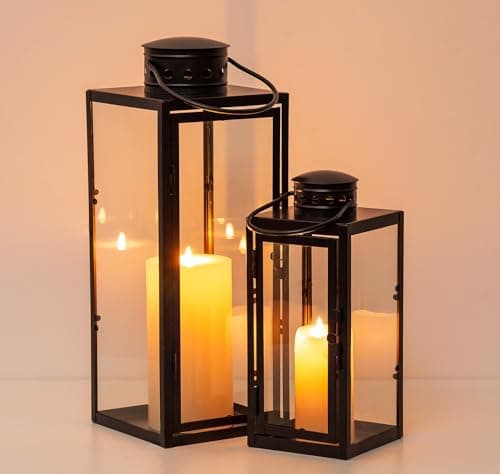 Image of NUPTIO Lantern Black Outdoor for Candle: 35cm&24cm Tall Garden Candle Lanterns Indoor Hanging Decorative Memorial Metal Glass Outside for Living Room Christmas Halloween Wedding Centrepieces
