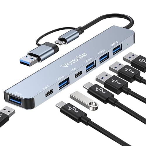 Image of Vonxite USB C Hub, 7 in 1 USB Hub Multiport Adapter with 2*USB Type C Data Ports, USB 3.0 & 4*USB 2.0, Type C Docking Station, USB C Adapter for MacBook, Windows, Laptops, PS5/PS4/Tablet