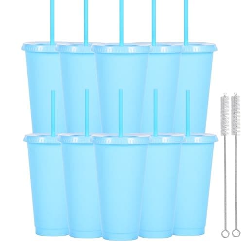 Image of Yisituo 710ml Reusable Plastic Cups, 10 Pack Cold Cups with Lid and Straw, Tumblers Travel Mugs for Adults and Madam Party and Beach, Pool Gatherings (10, Light Blue)