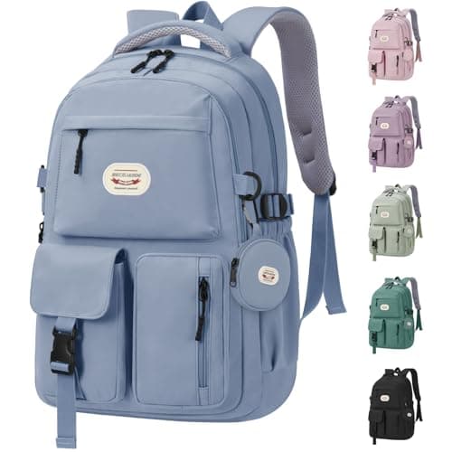 Image of BECOJADDE Backpack School Bag Womens Girls with 15.6'' Laptop compartment, Water Resistant Rucksack with Coin Purse, Daypack for College, Work & Travel, Ideal for Teens & Students Blue 25L