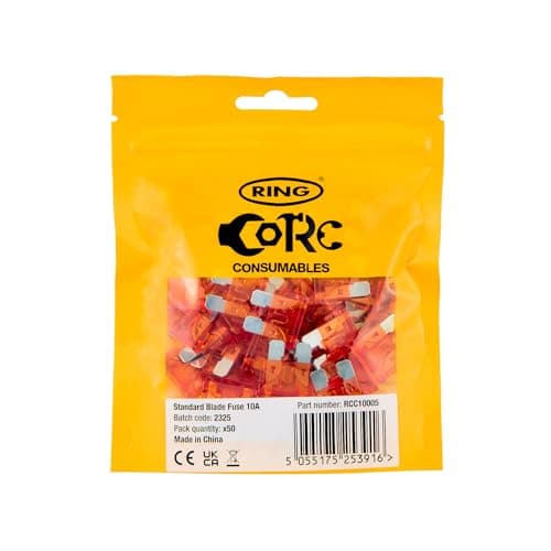 Image of RING Blade Fuse, 10A (50 Pcs) Standard Blade Fuse Type 10 Amp, Meets DIN72581, Supplied in a Re-Sealable Pack