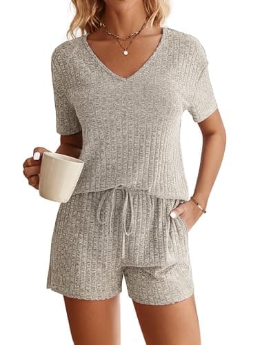 Image of Ekouaer Women's Pyjamas Sets Short Sleeve Pjs Summer Ribbed Women Nightwear V-Neck Top and Shorts with Pockets Khaki M