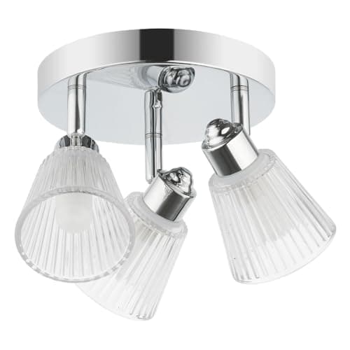 Image of Polished Chrome & Clear Ribbed Glass Bathroom Vintage 3 Lamp Round Plate Ceiling Light | 20.5cm Diameter | IP44 Rating | 3 x G9 Lamp Bulbs Required | 240V UK | Flush Ensuite Lighting | Retro Vibe