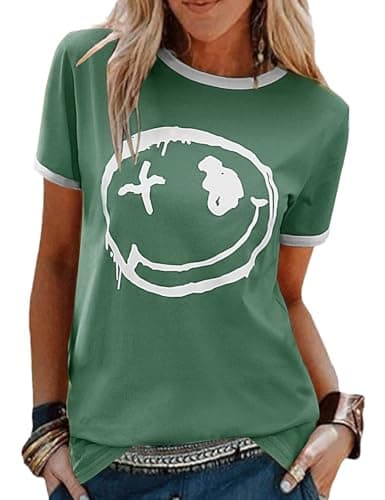 Image of Lonya Women T-Shirt Tops Summer Short Sleeve Ladies Tunic Top Smile Face Printed Casual Tee Shirts Green,XXL