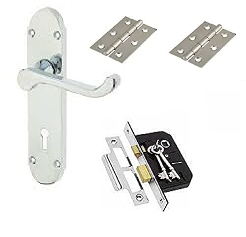 Image of Haven Heritage Door Handle Set Polished Chrome Epsom Style, Victorian Scroll, 2.5" Mortice Lock and Handle, Includes Hinges, Secure Door Lock System - 1 Complete Set