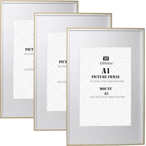 Image of Wooden A1(59.4x84.1cm) Picture Frames With Whit Inlay 3 Pack, with Acid Free Mounts for A2(42x59.4CM), A1 boxed photo frames 3pack,A2 wooden Effect Poster Frame with Mount A2 photo
