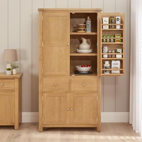 Image of The Furniture Market Marbury Oak | Large Double Kitchen Larder Cupboard | Freestanding Pantry Storage | Solid Wood | Fully Assembled | H 1900 x W 1000 x D 550mm