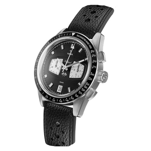 Image of YEMA Rallygraf Reverse Panda Mechanical Hybrid Quartz Steel Watch with Black Leather Strap for Men, Black, Strap