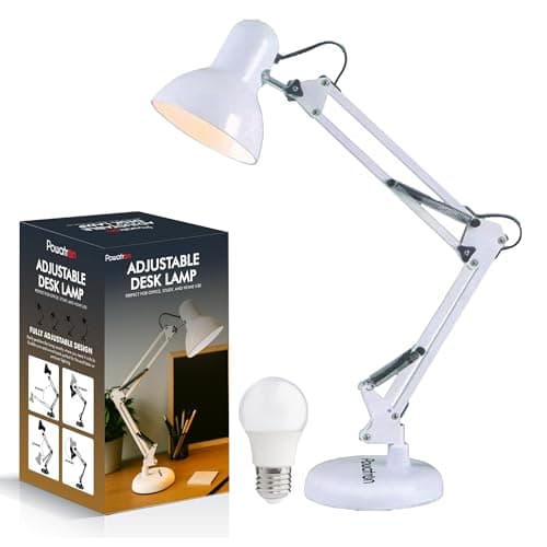 Image of Powatron Adjustable Desk Lamp with UK Plug & E27 Bulb Included – Flexible Metal Arm, Rotatable Head, 150° Adjustable Design, On/Off Switch & 1.5m Cord – Office, Study, Bedroom (White)