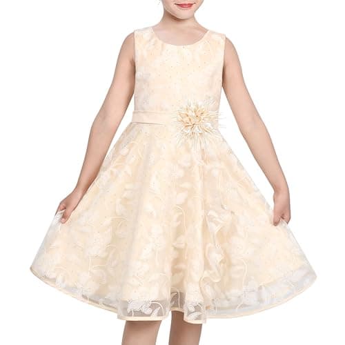 Image of Sunny Fashion Girls Dress Cream Large Flower Embroidered Party Formal Wedding Age 6 Years