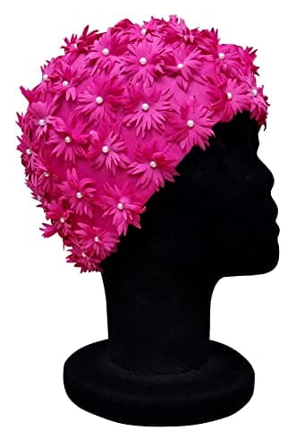 Image of CHEX Daisy Ladies Elasticated Swimming Hat Embellished With Frilly Flowers Studded With Pearl Effect Beads Detailing Swim Cap One Size Adults (Pink)