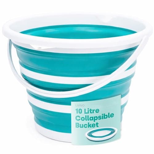 Image of LIVIVO Collapsible Bucket – Large 10L Capacity Sturdy Silicone Foldable Bucket with Comfortable Grip Handle - Handy Folding Bucket, Neat and Space Saving Solution for Laundry, Car Wash (Turquoise)
