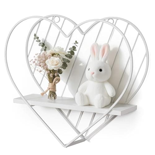 Image of Afuly Heart Floating Shelves for Wall, Wooden Wall Shelf with Metal Wire, Small Wall Mounted Shelf, 26cm Display Shelves for Bathroom, Bedroom, Living Room, Kids Room Decor, White