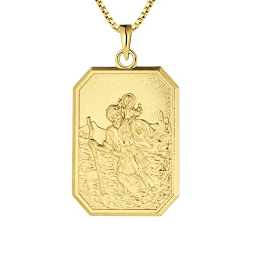 Image of FJ 18ct Gold Plated St Christopher Necklace 925 Sterling Silver for Men Women Saint Christopher Pendant Necklace with 20 Inch Chain (Square)