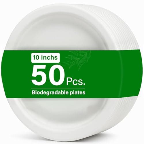 Image of 50pc 10" Biodegradable Bagasse Plates Extra Strong Eco Friendly Compostable Plates Made From 100% Natural Sugarcane Fibre, Oil And Cut Resistant, Perfect For Parties And Everyday Use