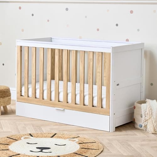 Image of Tutti Bambini Riley 3-in-1 Baby Cot Bed with Drawer 120 x 60 cm, (0-4 Years) - 3 Modes: Cot, Toddler Bed & Toddler Sofa, Convertible Cot Bed for Baby with 3 Mattress Heights, White & Oak