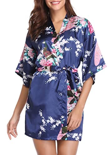 Image of Vlazom Women Kimono Robes Satin Bathrobe Peacock and Blossoms Dressing Gown Short Silk Bridal/Bridesmaid Robe,XL(UK 16-18) ,Dark Blue