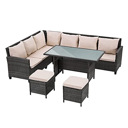 Image of Panana 8 Seater Rattan Garden Furniture Corner Dining Set, Outdoor Sofa Set with Dining Table, 2 Stools, Cushions, Free Cover for Patio & Conservatory (Mixed Grey Wicker with Beige Cushions)