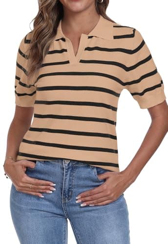 Image of YUNDAI Womens Short Sleeve V Neck Striped T Shirt Summer Knitted Collared Casual Slim Fitted Cute Polo Shirt Tops Blouse, Large Khaki Stripe Black
