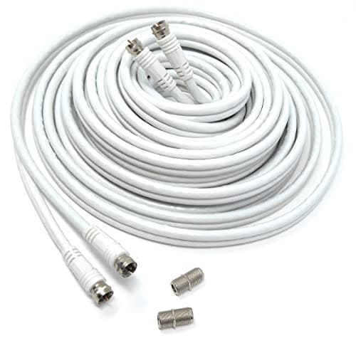 Image of DRUT 10m Twin Shotgun Satellite Moulded F-Type Plug to Socket RG6 Coaxial Extension Antenna Cable Lead With F-Type Couplers 33ft White