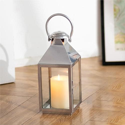 Image of NUPTIO Lantern Outdoor Decorative Silver: 28cm Living Room Garden Candle Lanterns Outside Indoor Hanging Metal Glass Memorial Wedding Centrepieces Christmas Grave Tall