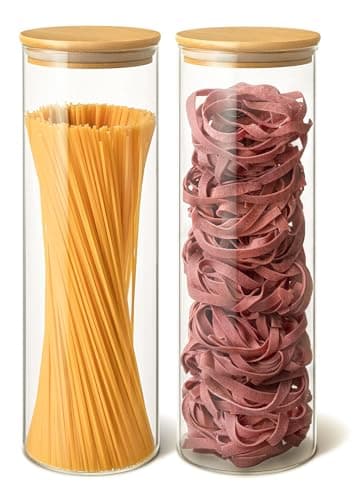 Image of Praknu Glass Jars with Bamboo Lids - Set of 2 Tall 2000ml Round Pasta Jars - Airtight Spaghetti Jar Storage