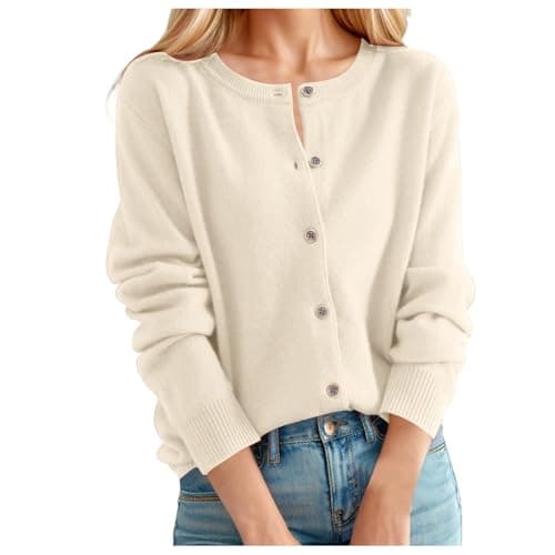 Image of Cardigans for Women UK Women's Cashmere Cardigan Round Neck Sweater Spring Autumn Winter Long Sleeve Knitted Solid Color Soft Cardigan Sweater Lightweight Crewneck Cardigan Jumper Comfy