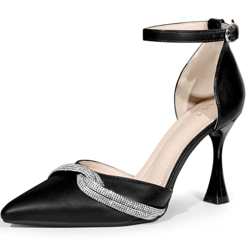 Image of Perphy Pointed Toe Wedding Shoes Rhinestone Bow Ankle Strap Stiletto Heels Pumps for Women Black 6.5 UK/Label Size 8.5 US