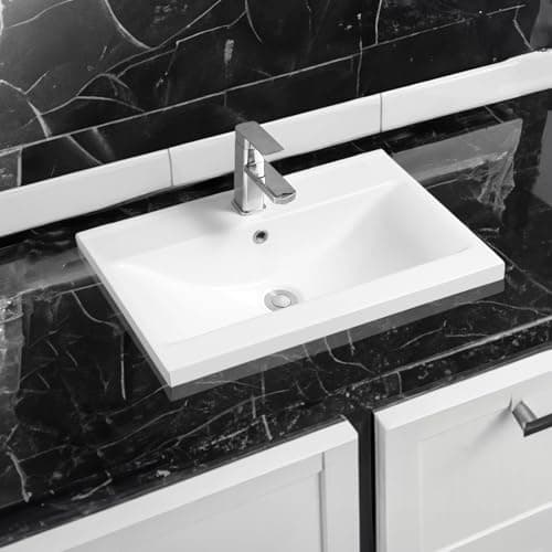 Image of Limoge 5004 Ceramic 61cm Mid-Edge Inset Bathroom Basin with Dipped Bowl - Modern Drop-in Self-Rimming Top-Mount Rectangular Sink for Vanity or Countertop Installation