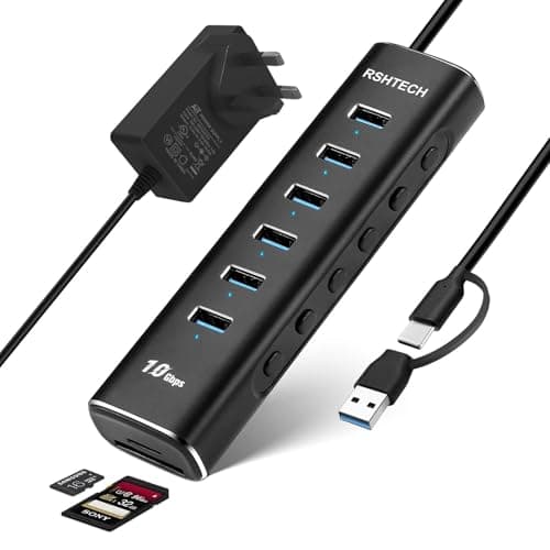 Image of RSHTECH 8-Port Powered USB C/3.2 Hub Aluminum Aluminum USB3 Extension Hub Splitter with 6x 10Gbps USB-A 3.2 Ports, SD/TF Card Readers, 3.3ft Data Cable and 24W 12V/2A Power Adapter (RSH-A107D)