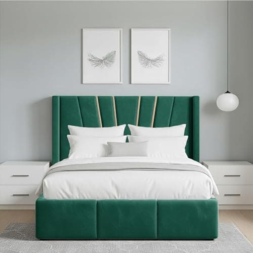 Image of Emerald Green Plush Velvet Single Bed Frame – 3FT Strong & Comfortable Sunrise Wing Headboard & Footboard, Supportive, Easy-to-Assemble, Perfect for Everyday Sleep