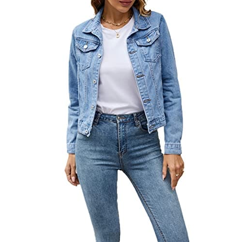 Image of FeMereina Women's Denim Jacket Long Sleeve Cropped Oversize Vintage Boyfriend Button Down Loose Jeans Coat S-XXL (Light Blue, X-Large)