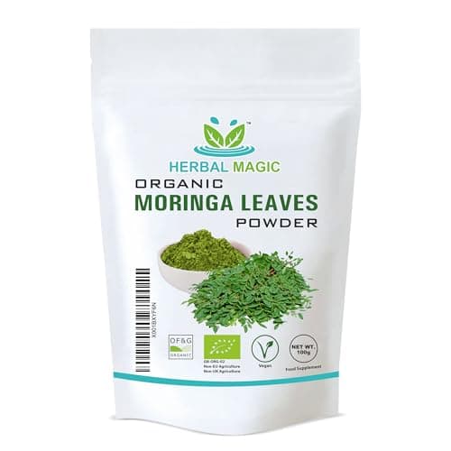 Image of Herbal Magic's Organic Moringa Leaf Powder Raw and Pure Whole Leaves, Green Superfood for Smoothies, Shakes, Baking, Free from Fillers & Preservatives. of&G UK Organic Certified 100g (Pack of 1)