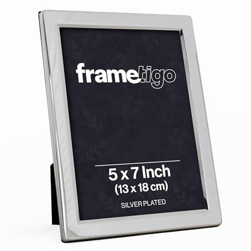Image of Frametigo - Silver Plated Flat Edge Photo Frame, 5"x7" (13x18cm) Photo Size - Velvet Frame Backing & Stand - Real Glass Window - Tarnish-Resistant - Landscape or Portrait Orientation