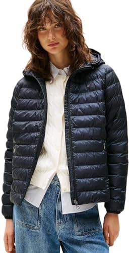 Image of Tommy Hilfiger Women’s Global Stripe Padded Down Jacket with Hood, Blue (Desert Sky), XXS