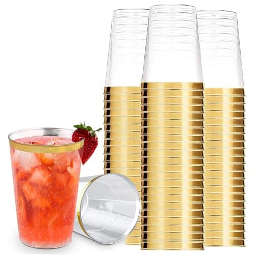 Image of YWKJDDM Gold Rimmed Crystal Clear Hard Plastic Cups, 30PCS with Elegant Rose Gold Rim, 12oz Tumblers for Champagne, Beer, Cocktail, Martini, Soda, Dessert