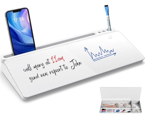 Image of Sliandtelly Desk Glass Whiteboard with Storage | 40 x 18 cm Dry Erase Board & White Base | 3 Marker Pens | Desktop Writing Board for Quick Note Replace Sticky-Note, Organizer for Home Office Accessory