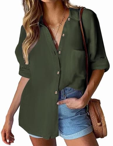 Image of HOTOUCH Womens Casual Cotton V Neck Long Sleeve Button Down Blouse Solid Color Shirts Top Business Shirt Dark Green XL