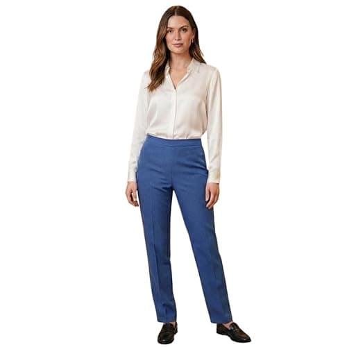 Image of Ladies Trousers Half Elasticated Waist Women Straight Leg Pants Pull On Stretch Work Office Formal Casual Bottom with Pockets Lightweight Smart Trouser Denim 16/25