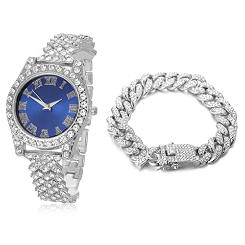 Image of HALUKAKAH Diamonds Gold Watch Iced Out, Kid's Platinum White Gold Plated 36MM Width Blue Dial Quartz Wristband 20cm with Cuban Link Chain 18cm Bracelet, Free Giftbox