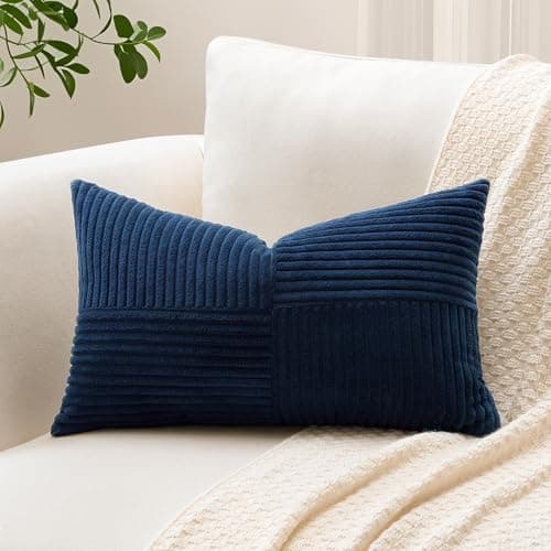 Image of Sungeek Set of 1 Decorative Cushion Cover 40 x 60cm Soft Corduroy Striped Cross Patchwork Textured Pillow Covers Solid Lumbar Throw Pillow Cases for Sofa Bed Patio 16x24 Inch, Navy Blue