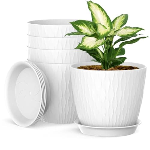 Image of Homeuouz 17cm Plant Pots Indoor, 5 Pack Plastic Planters with Drainage Holes and Saucer, Decorative Stripe Grooves Flower Pots for Indoor Outdoor Houseplants(White)